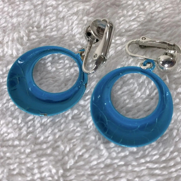 Vintage Blue  Painted Metal Small Hoop Clip On Earrings - Picture 3 of 9